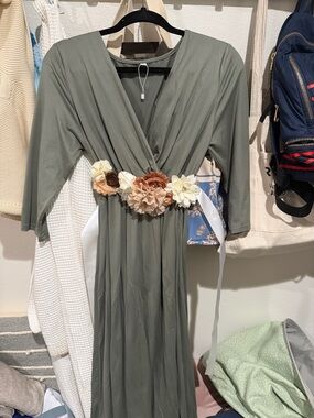 Olive Green Floral-Belt Maternity Maxi Dress